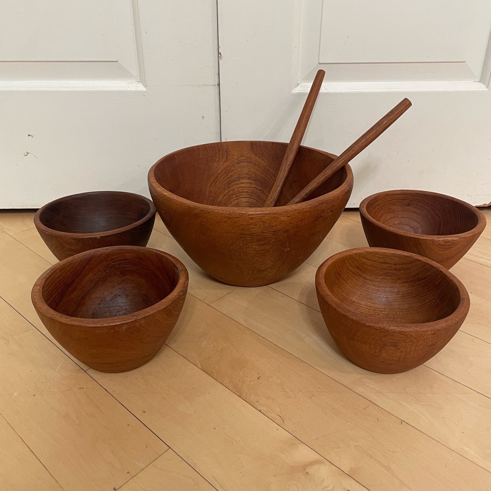 7 Piece MCM Mid Century Modern Teak Wood Salad Bowl Serving Bowl Set